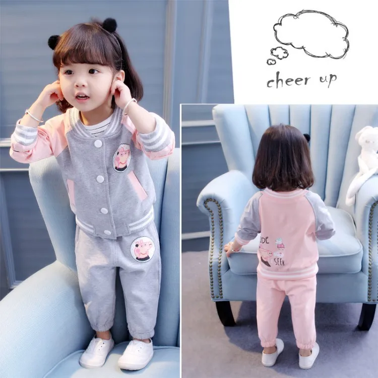 

2020 Baby Spring Childrenswear Girls Korean-style Cartoon Baseball Uniform Cardigan Trousers Two-Piece Set
