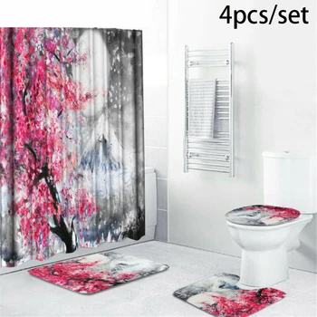 

1 Set Bathroom Sakura Snow Mountain Carpet Floor Mat Rug Anti-slip Polyester Mat