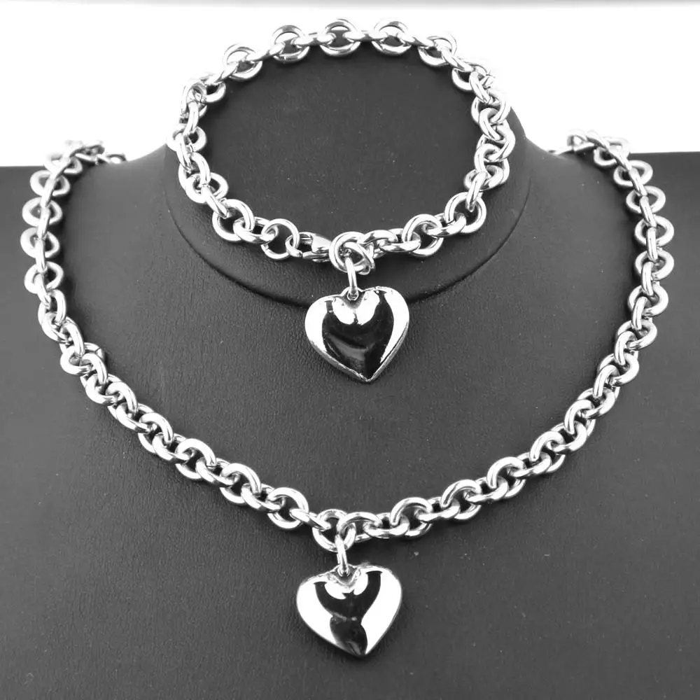 

Charm Stainless Steel Heart Pendant Charm Sweet Heart Necklace Bracelet For Women's Jewelry Sets Lovers Gift