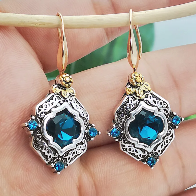 

2019 Vintage Palace Blue Crystal Zircon Dangle Earrings for Women Luxury Wedding Statement Drop Earing Boho Jewelry Brincos