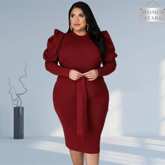 Plus Size Dresses for Women 2021 Puff Sleeve Turtleneck Bodycon