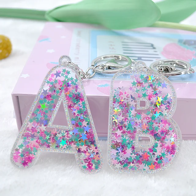 1PC Women Keychains 26 Glitter Pink Hollowed-out Words Handbag English  Letter Keyring with Puffer Ball Charms