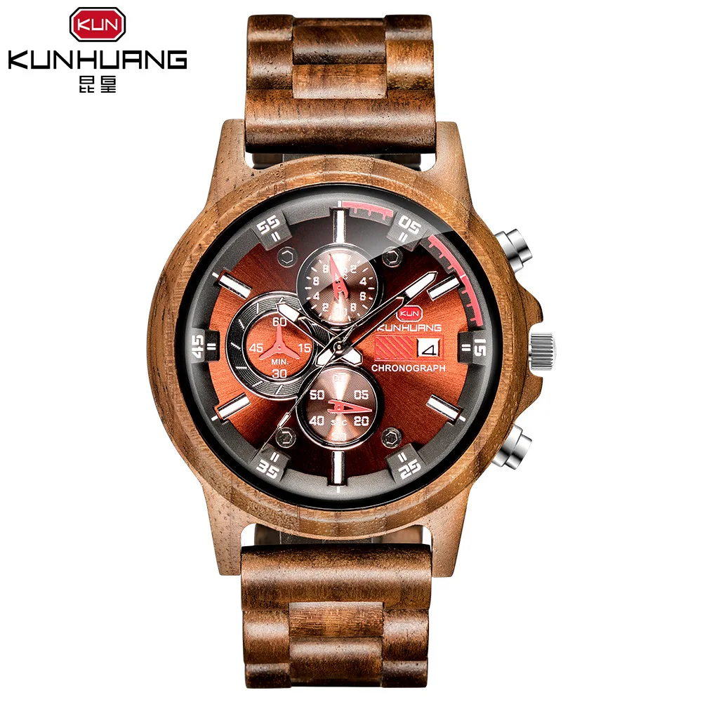 

Wooden Watches Men Sport Wooden Quartz Watch Unique Design Casual Chronograph Date Men's Giftes Wristwatches relogio masculino