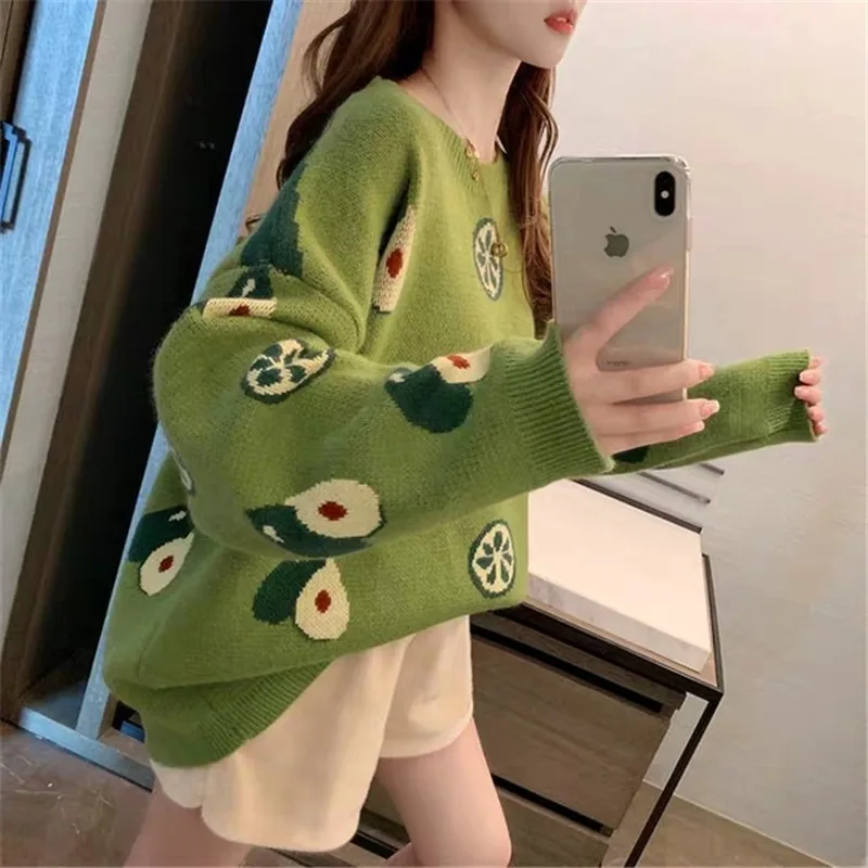 women sweater 2019 winter new knitted sweater sleeve cow oil fruit pattern lazy style sweater long-sleeved women sweater