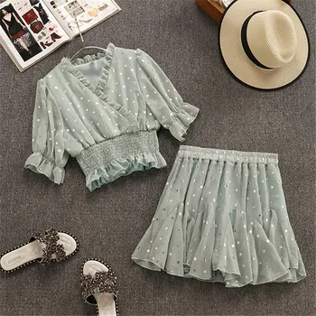 

summer women's set v neck polk dot ruffles blouse elastic waist pleated chiffon skirt suit 2 piece set chiffon suit D766