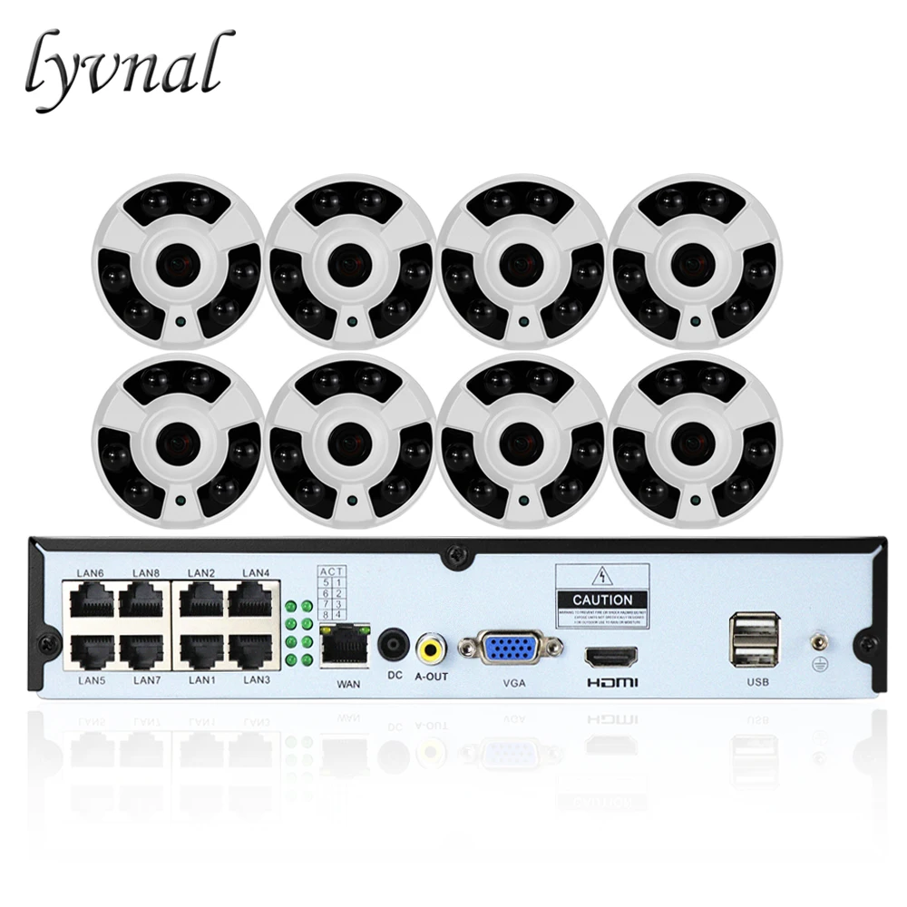 LYVNAL H.265/264 5mp 8ch poe nvr комплект камеры видеонаблюдения poe 1080p Рыбий глаз объектив полный вид ip-камера 8ch poe Комплект plug and play
