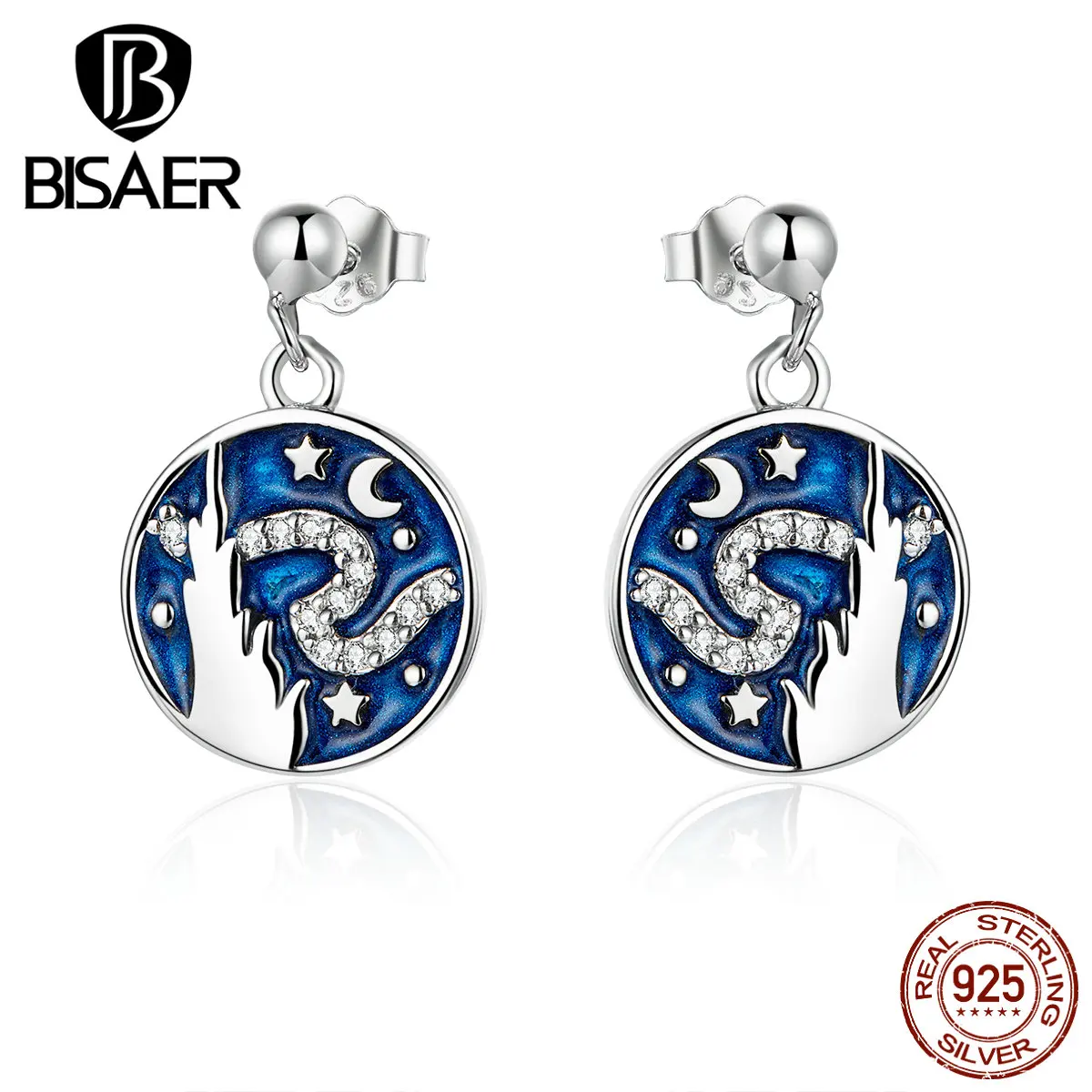 

Star Earrings BISAER 925 Sterling Silver Blue Enamel Luminous Star Sky Stud Earrings for Women Fashion Earrings Jewelry ECE780