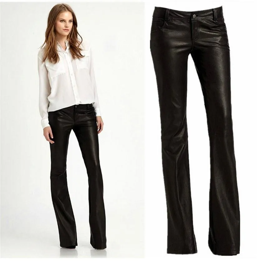 Женские облегающие брюки клеш со средней талией из ПУ кожи|flare pants|pu leather pantsfashion pants
