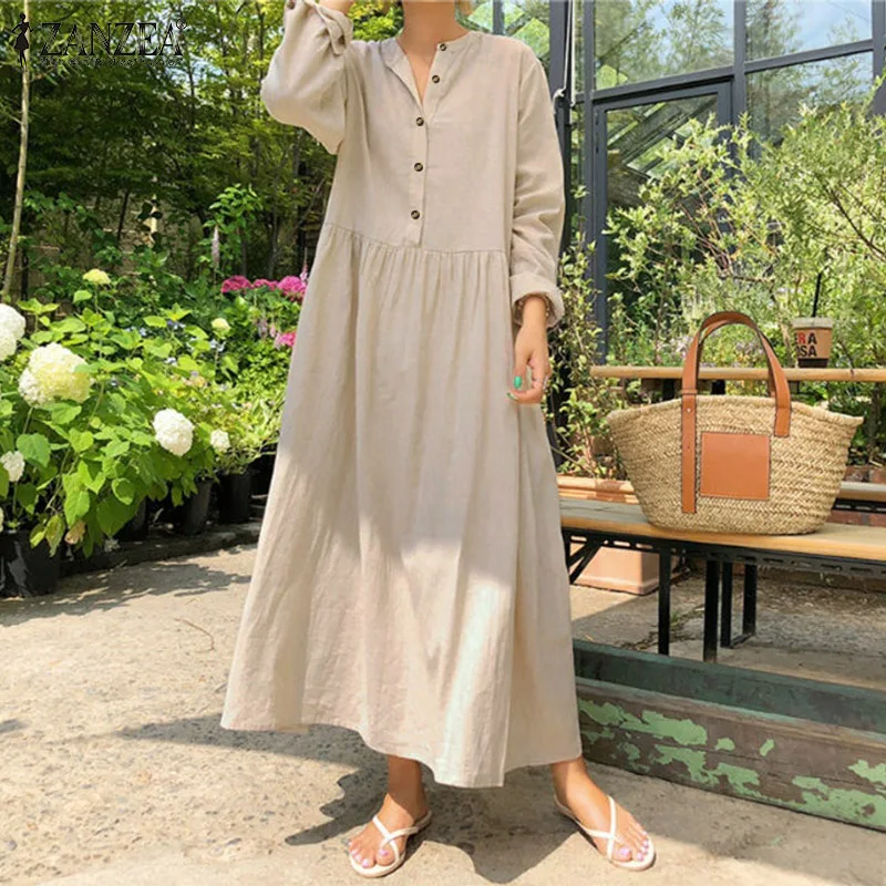 Cotton Dress Party-Robe Long-Shirt Work Zanzea Women Vestidos Office Lady Femme Casual