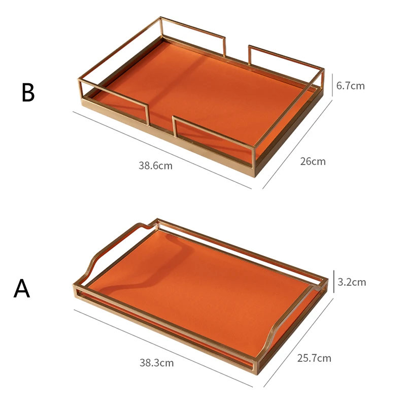 European Modern Simple Accents Home Tabletop Rectangle Shape Orange Leather Storage Tray With Gold Plating Metal Standing Way 6