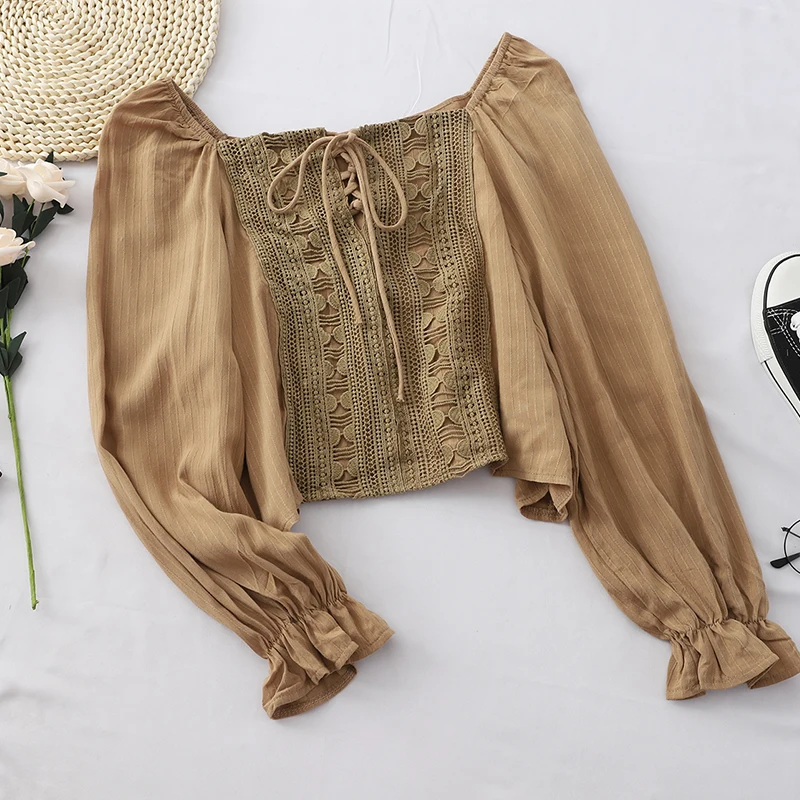 Neploe Sexy Slash Neck Shoulder Strapless Blouse Elegant Patchwork Hook Flower Holiday Blusas Autumn Spring New 2020 Shirt 48129