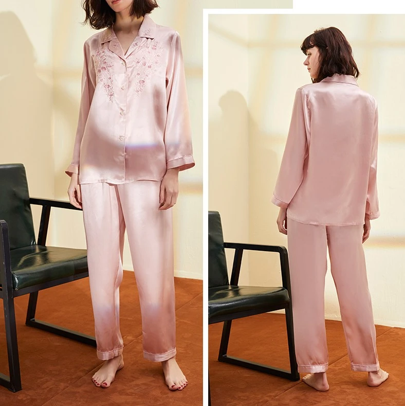 100% Pure Silk Women's Embroidery Pajama Set Sleepwear Nightgown M L Xl  Ym006 - Pajama Sets - AliExpress