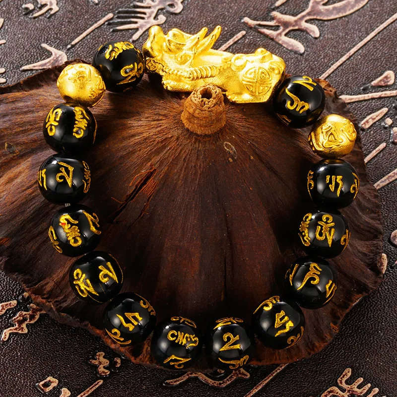 Top quality natural Obsidian Stone Beads Bracelets Wristband Wealth real 24K gold pendant Women Men Religious Strand Bracelets Top quality natural Obsidian Stone Beads Bracelets Wristband Wealth real 24K gold pendant Women Men Religious Strand Bracelets
