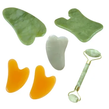 

2 In 1 Green Roller And Gua Sha Tools Set By Natural Jade Scraper Massager With Stones For Face Neck Back And Jawline