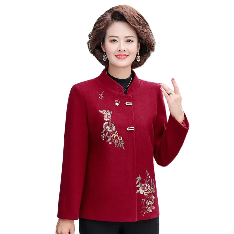 

Women Woolen Coats Spring Autumn Middle-aged Woolen Jacket Women Fashion embroidered Warm Overcoat Casual Ladies Woole Coat