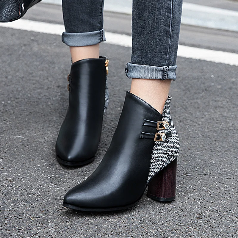 

ARSMUNDI Women Boots Fashion Plaid Pointed Toe High Heels Women's Sexy Autumn Winter Ankle Boots female Snake Skin Boots M828