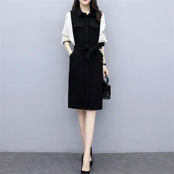 

2020 Spring New Black Patchwork stripe Sleeve Office Shirt Dress Women Elegant Party Dresses Ladies Plus size 5XL Vestidos Q1222