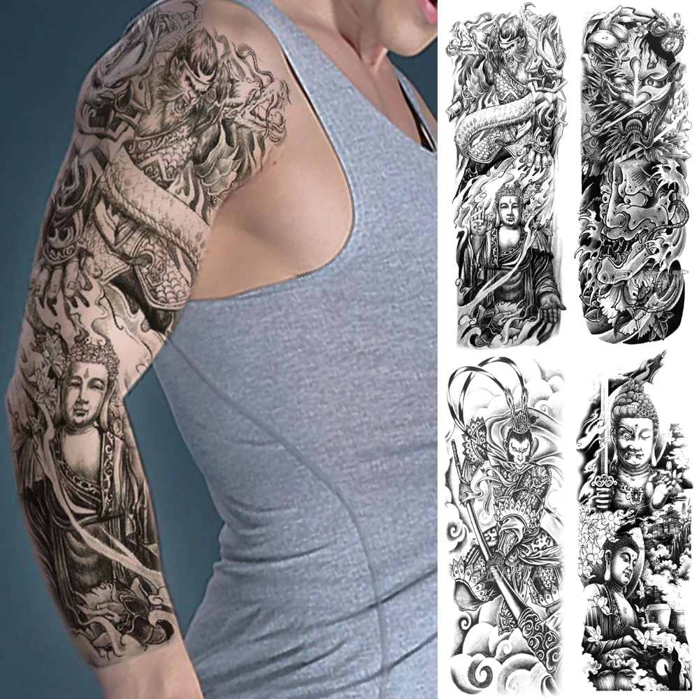 Large Arm Sleeve Tattoo Dragon Buddha Monkey King Waterproof Temporary Fake Tatoo Sticker Skull Japanese Men Women Full Tatto Temporary Tattoos Aliexpress