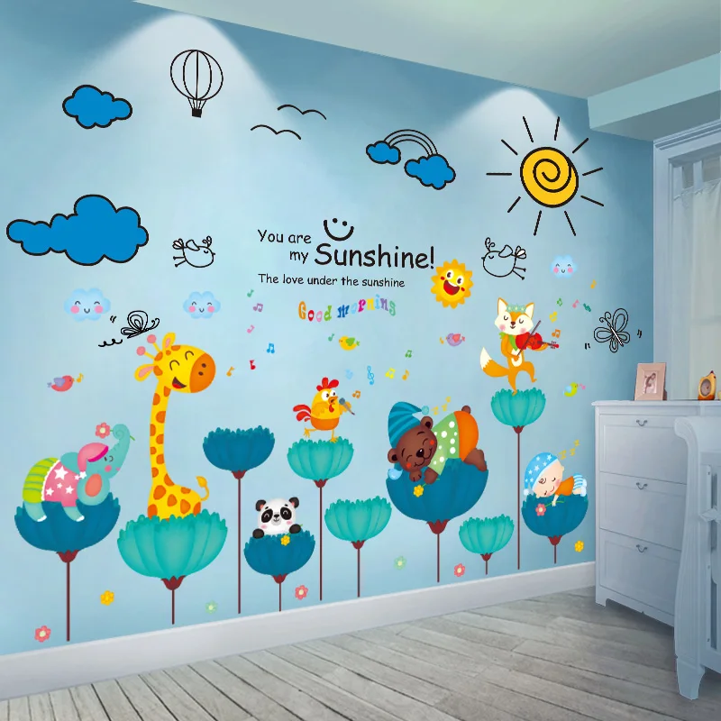 

Cartoon Animals Wall Stickers DIY Coulds Sun Wall Decals for House Kids Room Baby Bedroom Decoration