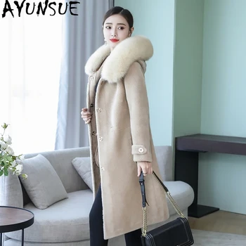 

AYUNSUE Winter Real Fur Coat Women Clothes 2020 Long 100% Wool Jacket Fox Fur Collar Korean Coats Manteau Femme 099 KJ3613