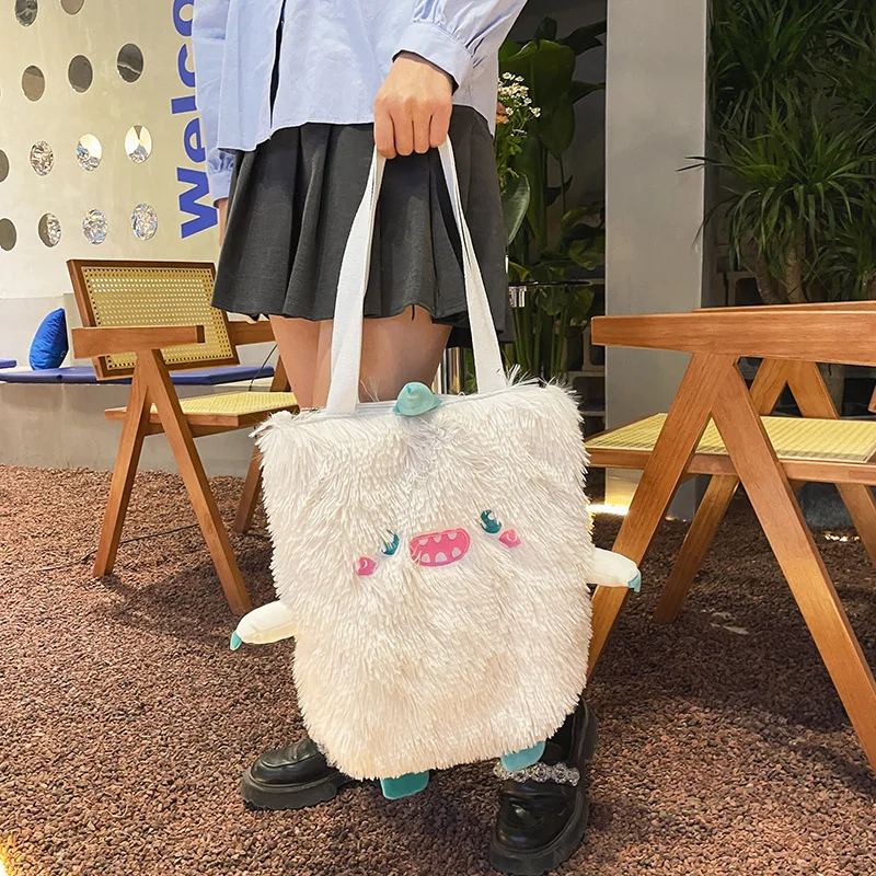 Women new Japanese cute funny plush handbag personality embroidery little monster plush girl student shoulder bag female bag