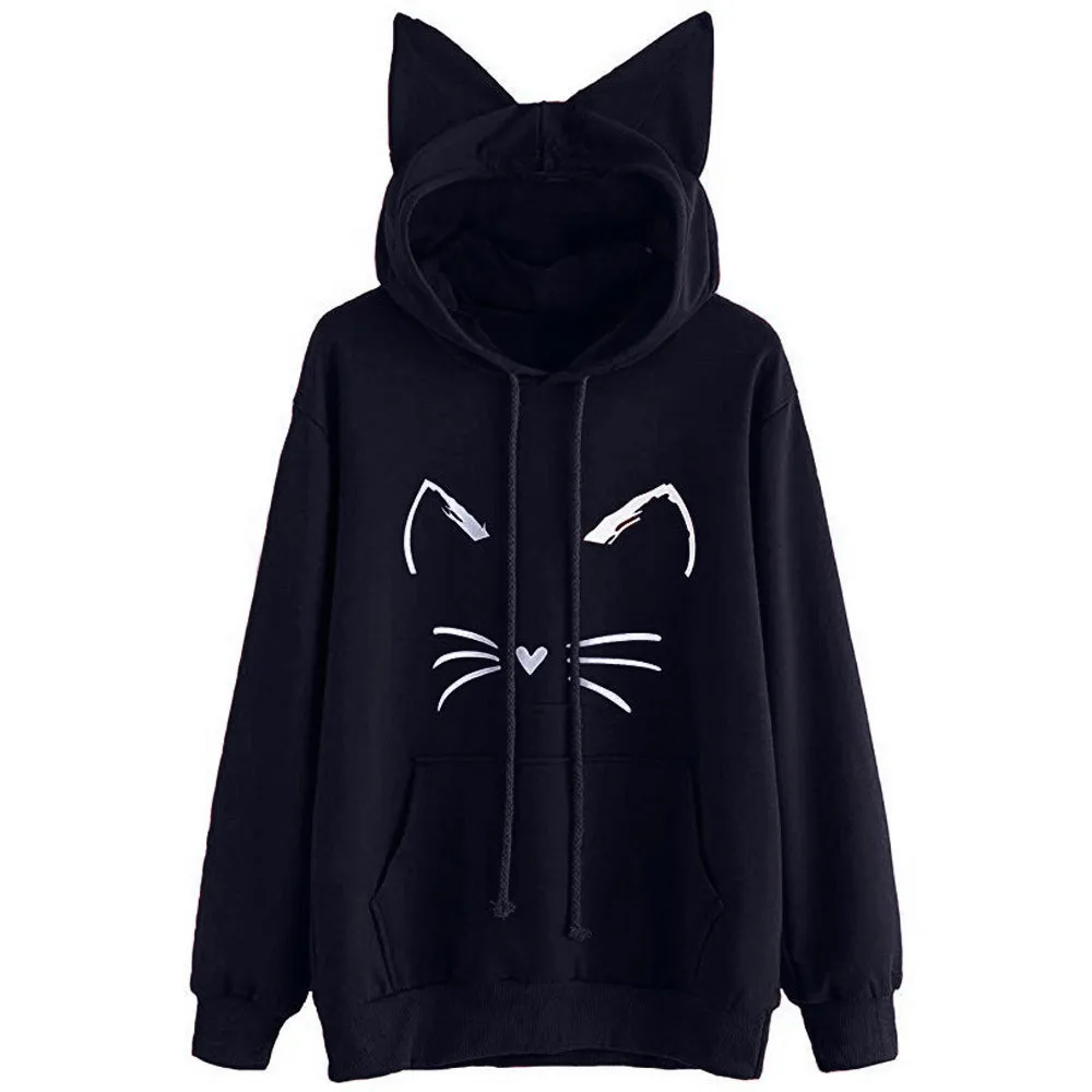  Hoodie Womens Cat Ear Solid Color Long Sleeve Hoodie Sweatshirt Hooded Pullover Blouse Casual Tops 