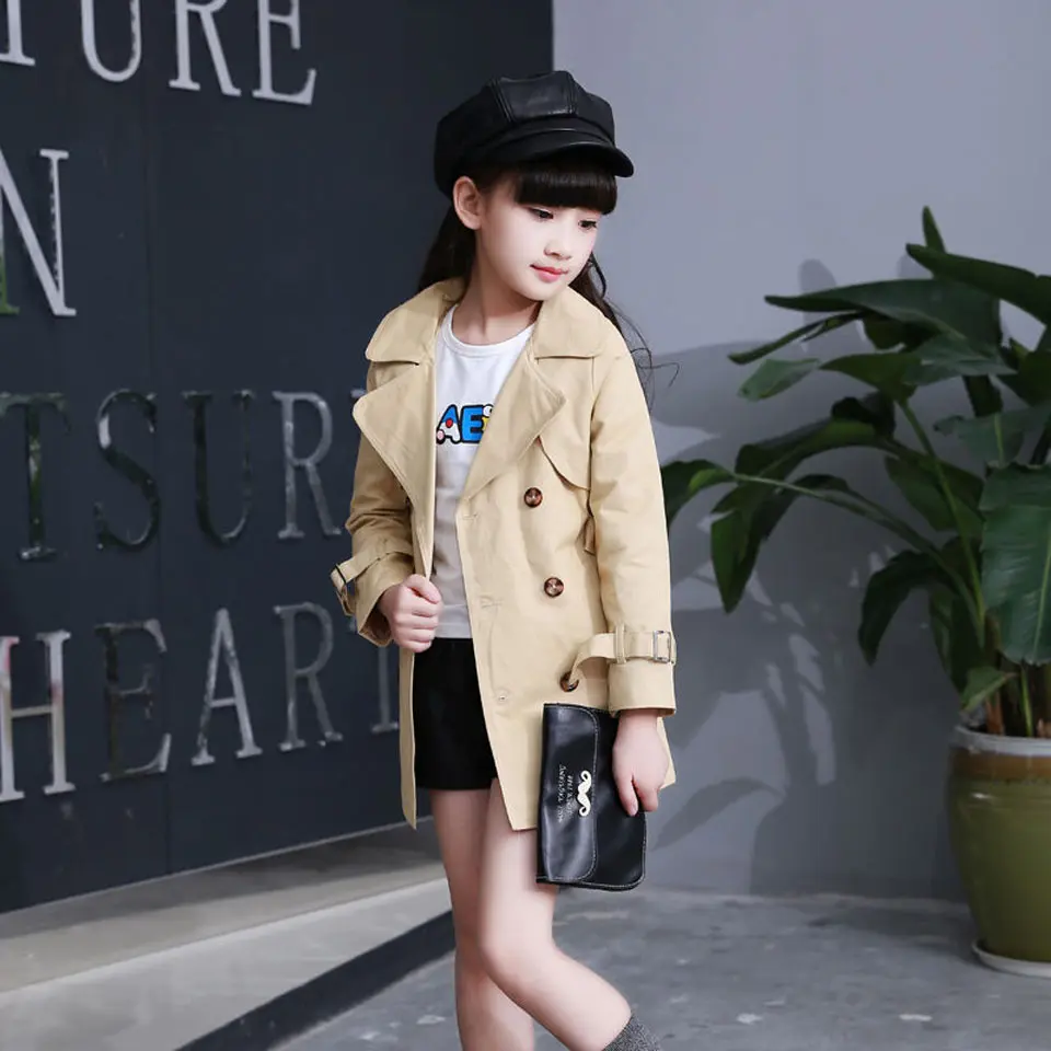 Spring Girls Jacket Korean Teenage Cotton Hooded Outerwear Trench Coats Kid Solid Long Sleeve khaki Toddler Jacket