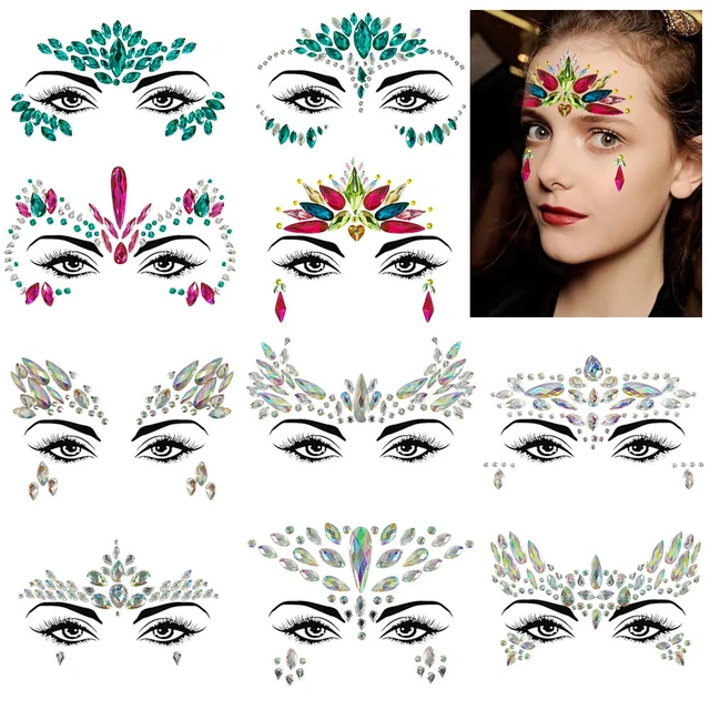 Rhinestone Face Stickers Mermaid Face Gems Jewels Festival Chest Body  Jewels Temporary Tattos Crystal For Women And Girls 2 Sets (pattern 1)