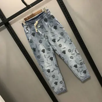 

Fashion 2020 Spring Autumn Casual jeans men's hip hop leg ankle length pants printed elastic waist social spirit guy feet pants