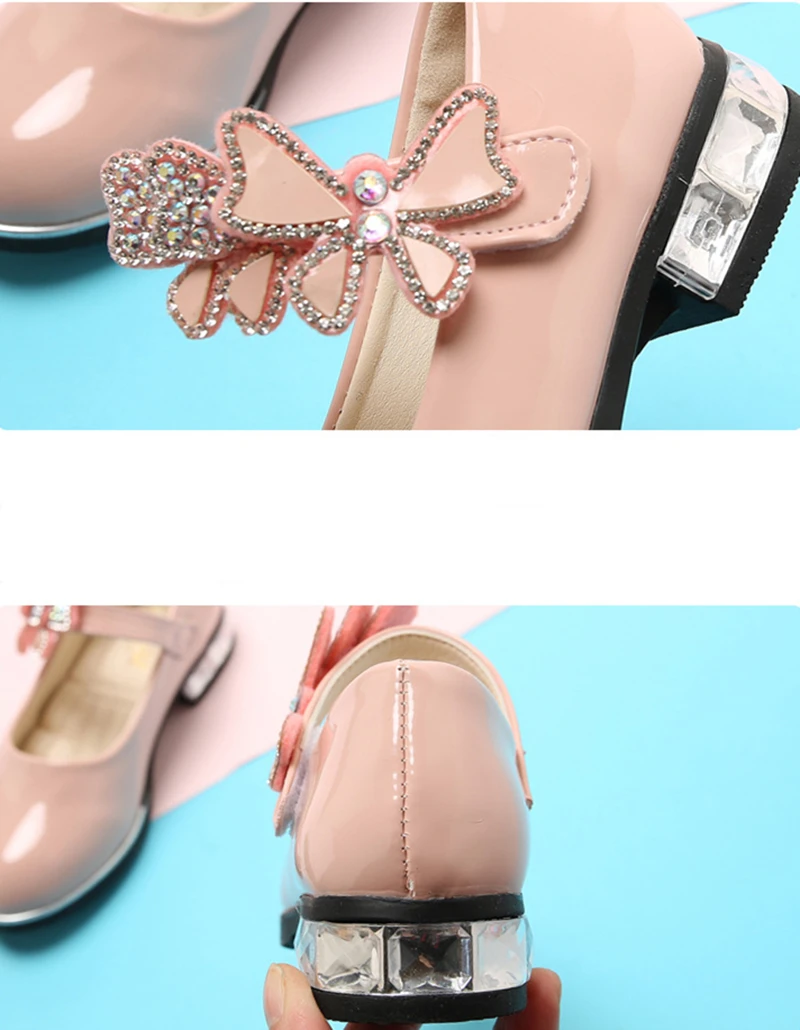 Girls Leather Shoes 2022 Spring Summer PU Patent Leather Kids Dress Shoes High Heels Butterfly-knot Dress Shoes for Wedding Chic children's shoes for high arches