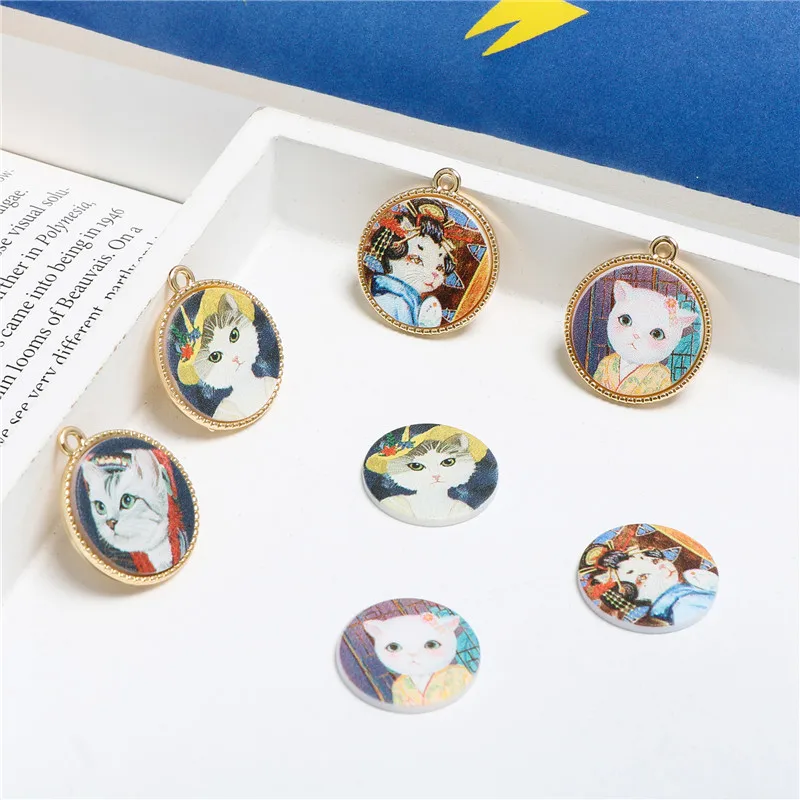 

New style 50pcs/lot color cat pattern print geometry rounds resin shape flatback beads diy jewelry accessory