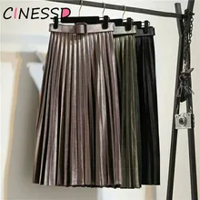 Высокое качество с поясом осень зима Вельветовая юбка высокая талия обтягивающие большие качели длинные плиссированные юбки цвета металлик размера плюс Saia
