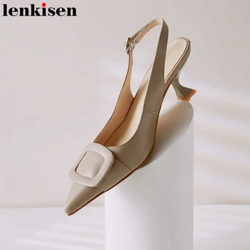

Lenkisen square buckle decoration full grain leather pointed toe high strange heels ankle straps gentlewomen fashion sandals L26