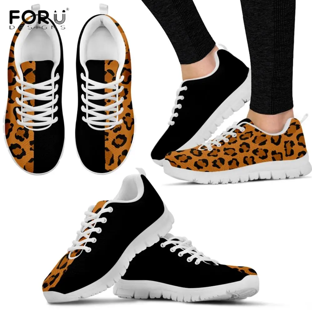 

FORUDESIGNS Gold Leopard Pattern Woman's Flats Shoes Casual Spring/Autumn Brand Designer Female Footwear Lace Up Mesh Sneakers