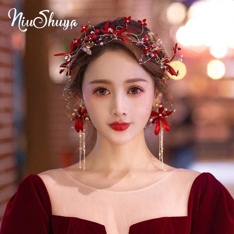 NiuShuya Handmade Bridal Red Flower Pearl Headband Romaantic Hairband Women Crown Tiara Wedding Hair Accessories