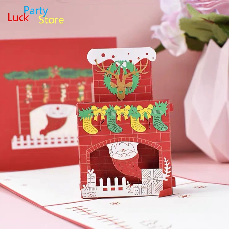 

Новинка 2022, Рождественская поздравительная открытка, креативная трехмерная бумажная скульптурная открытка ручной работы с камином, поздравительная открытка