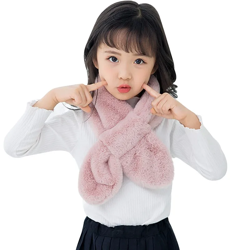 Детский шарф для девочек, плюшевый меховой шарф, сплошной цвет, перекрестный воротник, шаль, теплый зимний шарф