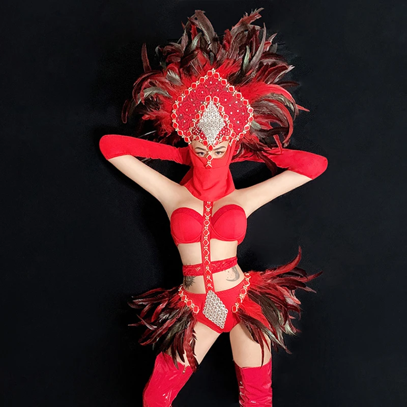 Red DS Bikini Ночной клуб Костюм Производительность Высокие Шорты Сценический Костюм Перо Ночной Клуб Танцевальная Одежда Сексуальная одежда