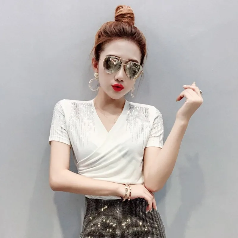 Camisetas Verano Mujer, короткий рукав, v-образный вырез, пуловер со стразами, плиссированный, женский, облегающий, модная, уличная одежда большого размера, футболки
