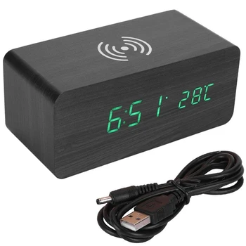 

Alarm Clock Wood Qi Wireless Charging Clock Sound Control Digital Watch Clock Temperature 12/24 Hours Display 3 Groups of Alarm