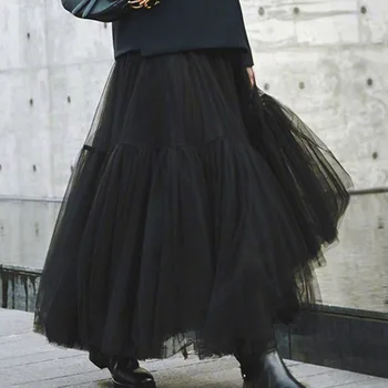 

2020 New High Waist A-line Mesh Ruffles Long Halfbody Skirt Spring And Summer Fashion Women Bottoms W019