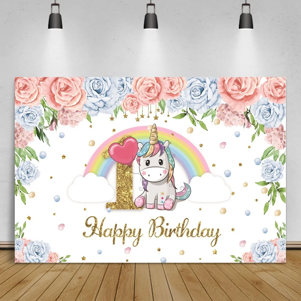 Laeacco Baby 1st Birthday Unicorn Party Rainbow Flowers Photocall Poster Family Shoot Photo Backdrops Photography Backgrounds |