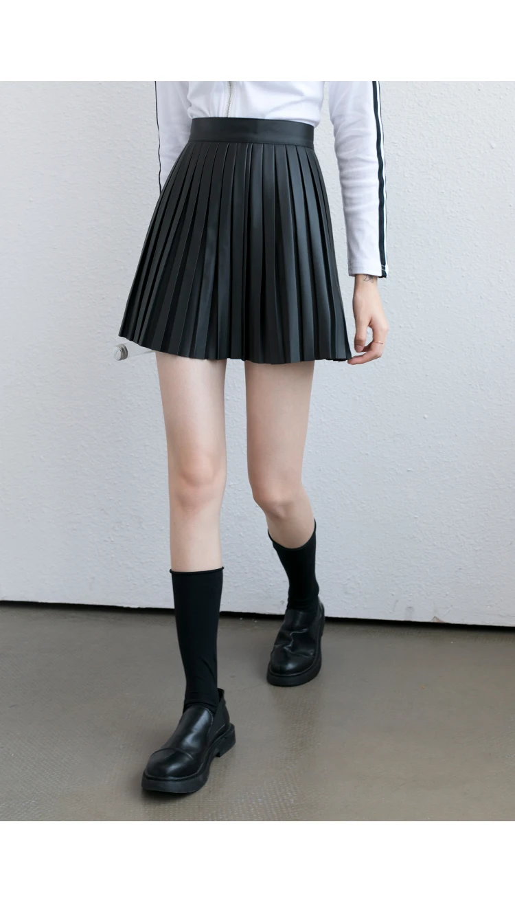 В Корейском стиле из искусственной кожи плиссированные женские юбки осень Высокая Талия Мини-юбки Harajuku больших размеров стильная женская обувь юбка jupe femme