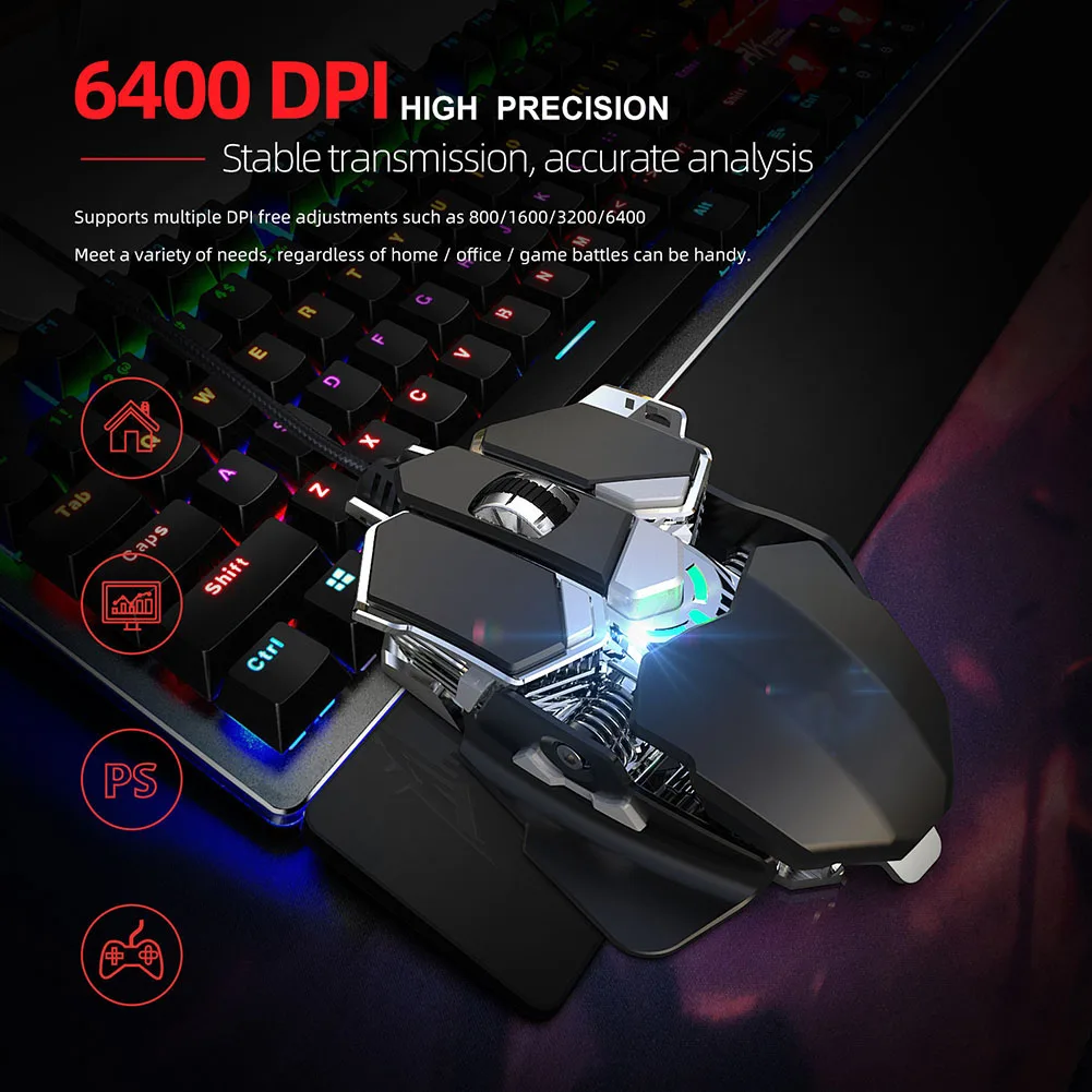 Механическая игровая мышь Проводная 6400 dpi программируемая 9 клавиш компьютерная геймерская мышь VDX99