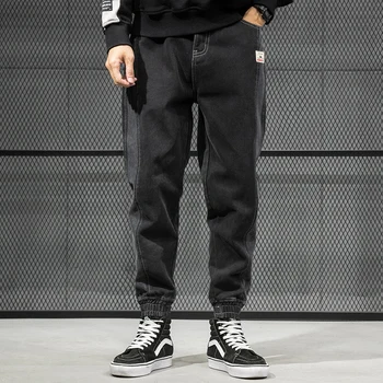 

Japanese Style Fashion Men Jeans Black Gray Stripe Spliced Designer Cargo Pants Harem Jeans Streetwear Hip Hop Jeans Men Joggers