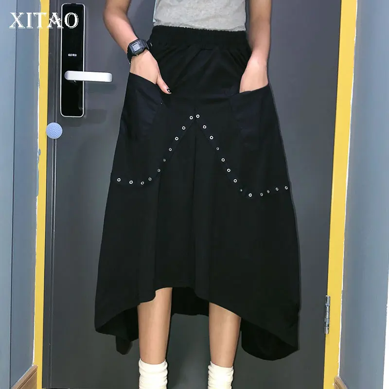XITAO черная стандартная юбка женская мода новинка осень эластичный пояс карман с высокой талией, из лоскутов маленькая модная юбка XJ