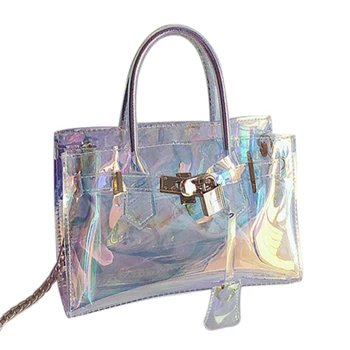

QZUnique Women's PVC Transparent Clear Colorful Laser Jelly Shoulder Bag Chain Crossbody Bag Hologram Handbag With Lock