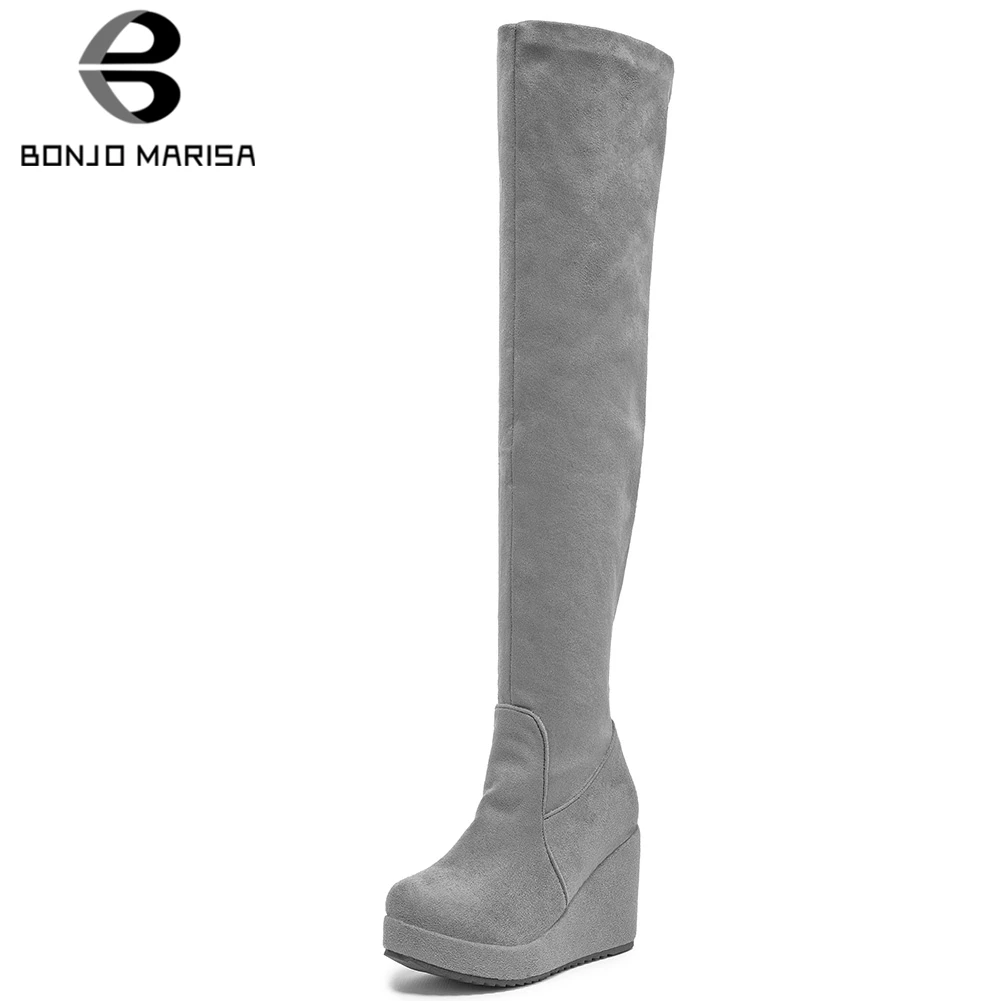 

BONJOMARISA Wild Leopard Wedges Over The Knee Boots Lady Sexy Platform Thigh High Boots Women 2019 Party High Heels Shoes Woman