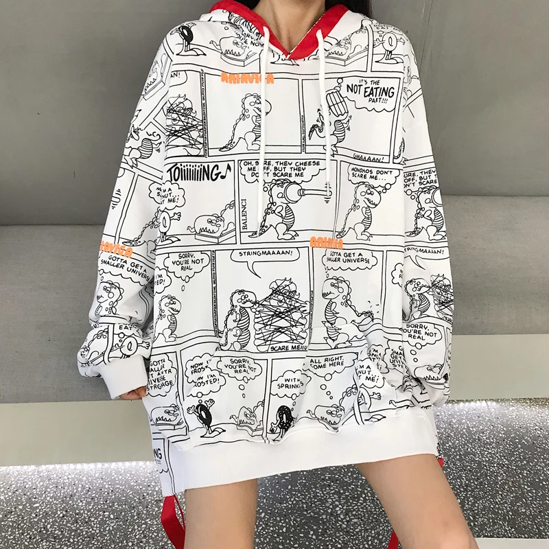 Японский Harajuku толстовки мультфильм комиксов динозавр печатных длинный свитер для женщин хип хоп с капюшоном шнурок пуловер верхняя одежда