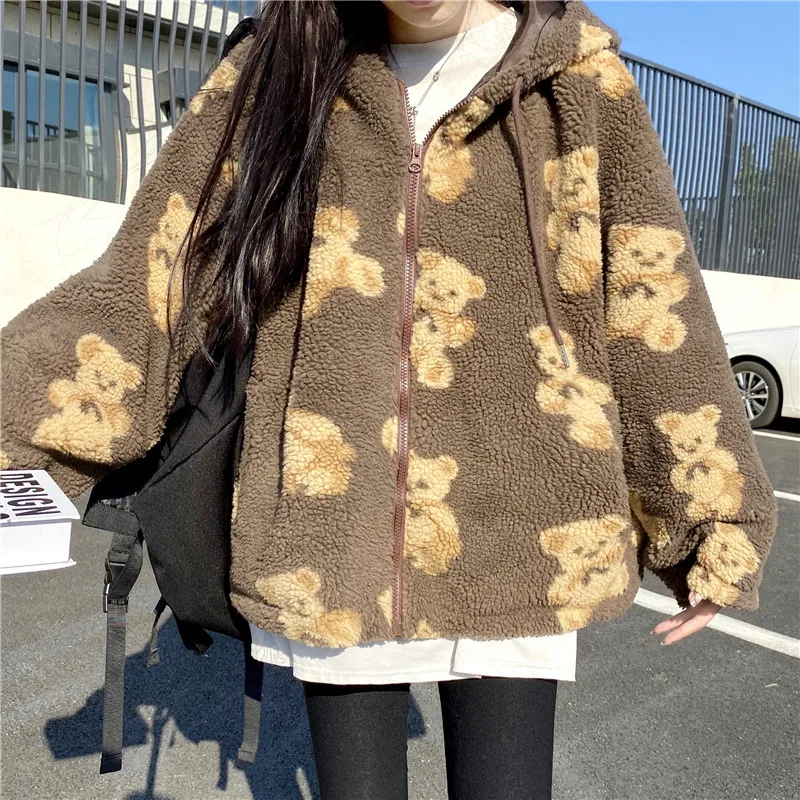 

2021 Winter New Bear Print Hoodies Lamb Wool Coats Oversize Korean Hooded Lambswool Jacket Women Kawaii Zipper Woolen Coat Girls